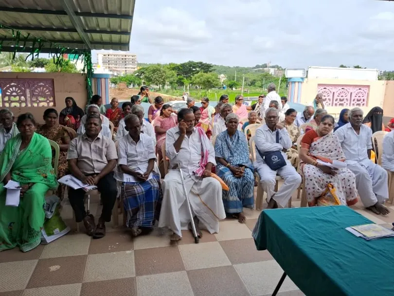 A large gathering of patients waiting at the monthly free eye camp