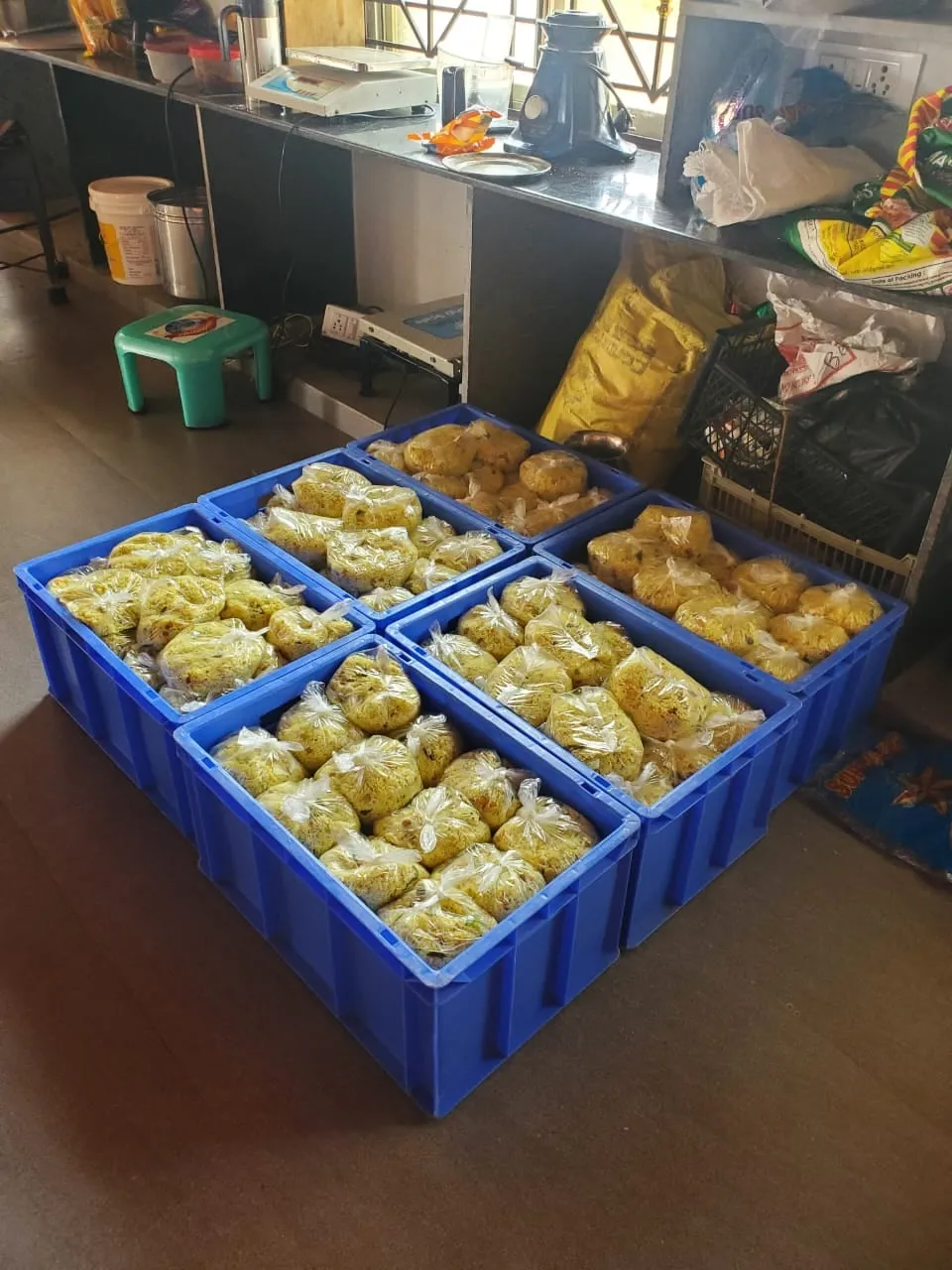 Packed meals crated and ready to travel to the mobile camp